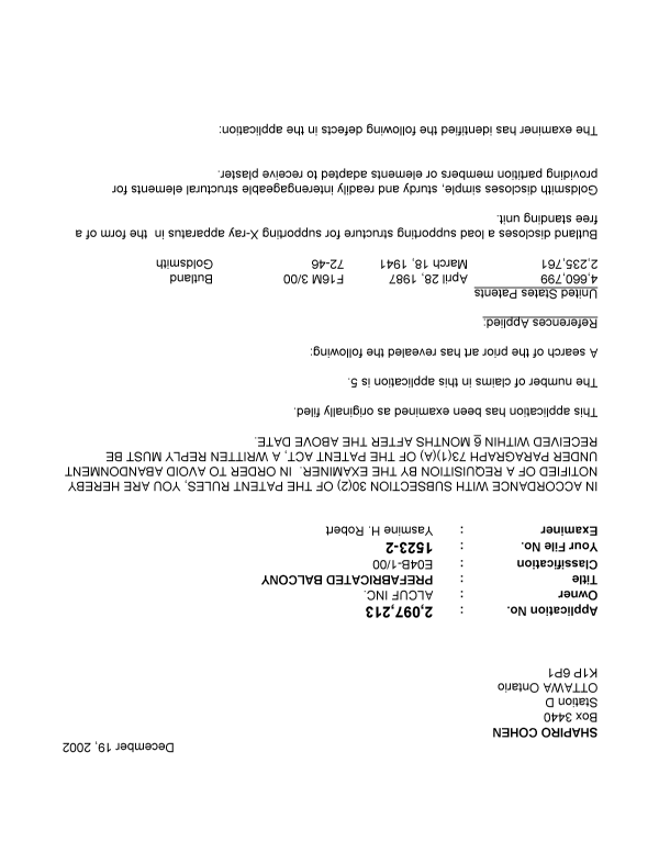 Canadian Patent Document 2097213. Prosecution-Amendment 20021219. Image 1 of 2