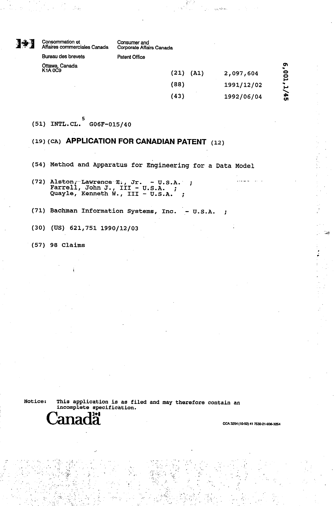 Document de brevet canadien 2097604. Page couverture 19940326. Image 1 de 1