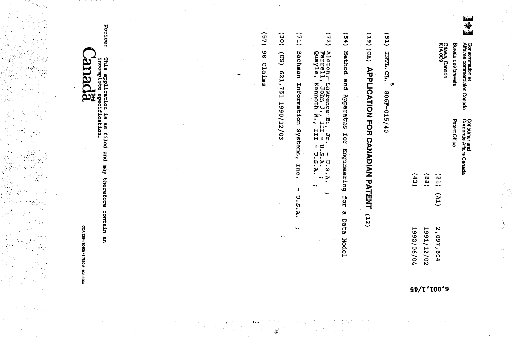 Canadian Patent Document 2097604. Cover Page 19940326. Image 1 of 1