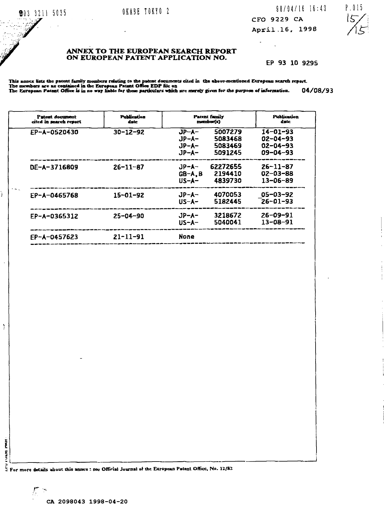 Canadian Patent Document 2098043. Prosecution Correspondence 19980420. Image 4 of 4