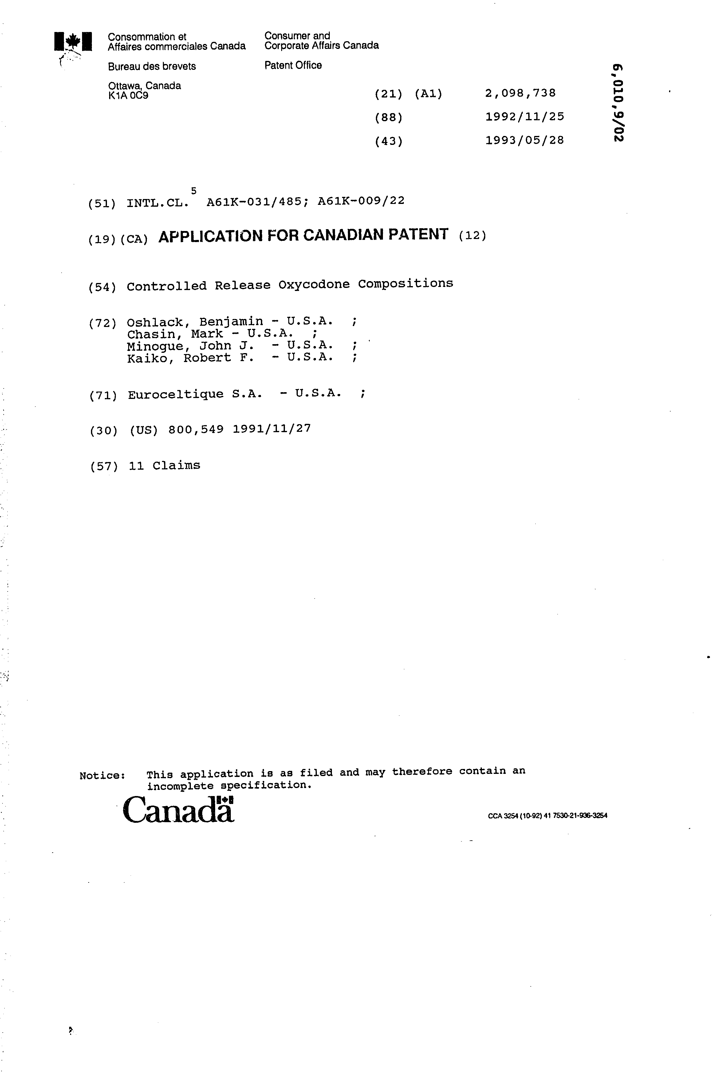 Document de brevet canadien 2098738. Page couverture 19931211. Image 1 de 1