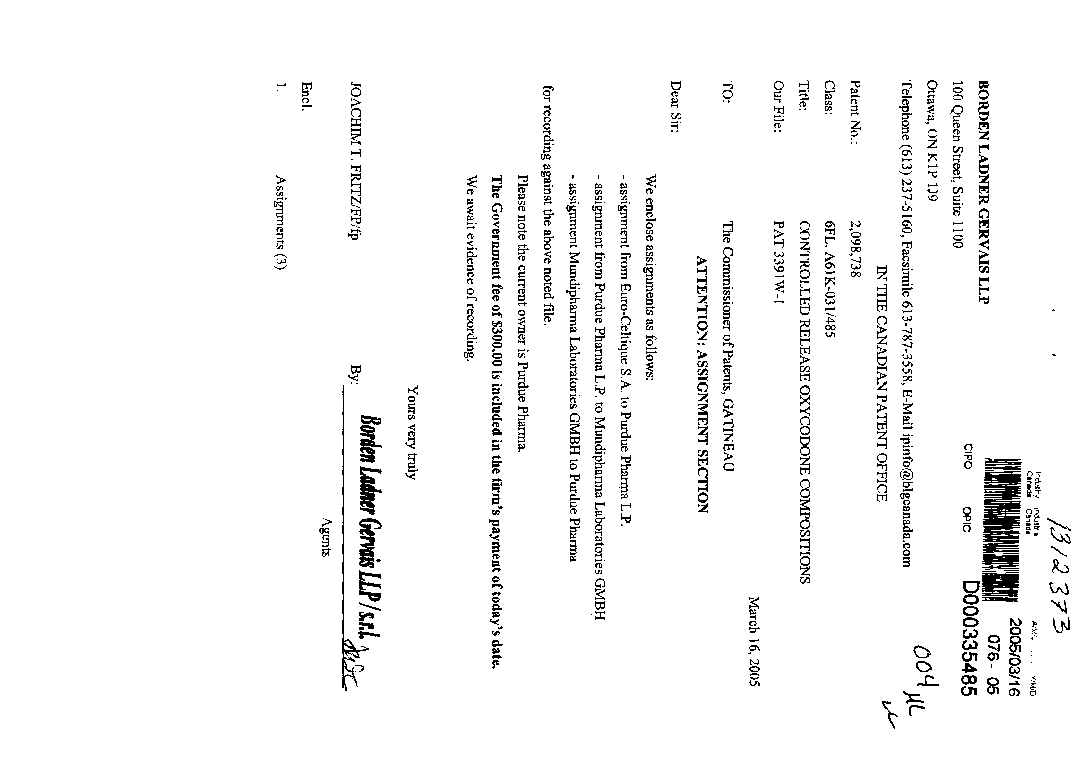 Canadian Patent Document 2098738. Assignment 20041216. Image 1 of 7