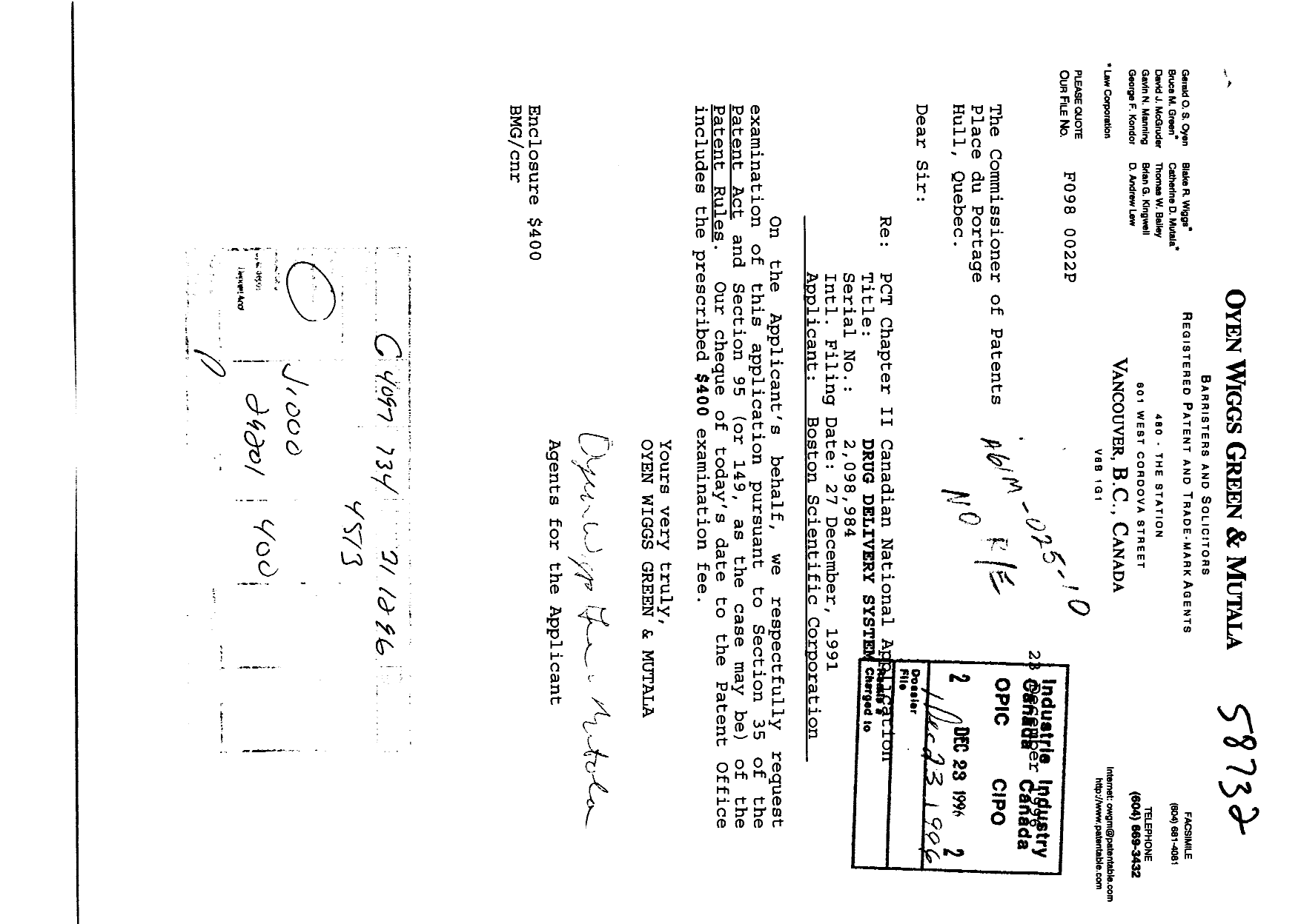 Canadian Patent Document 2098984. Prosecution-Amendment 19961223. Image 1 of 2
