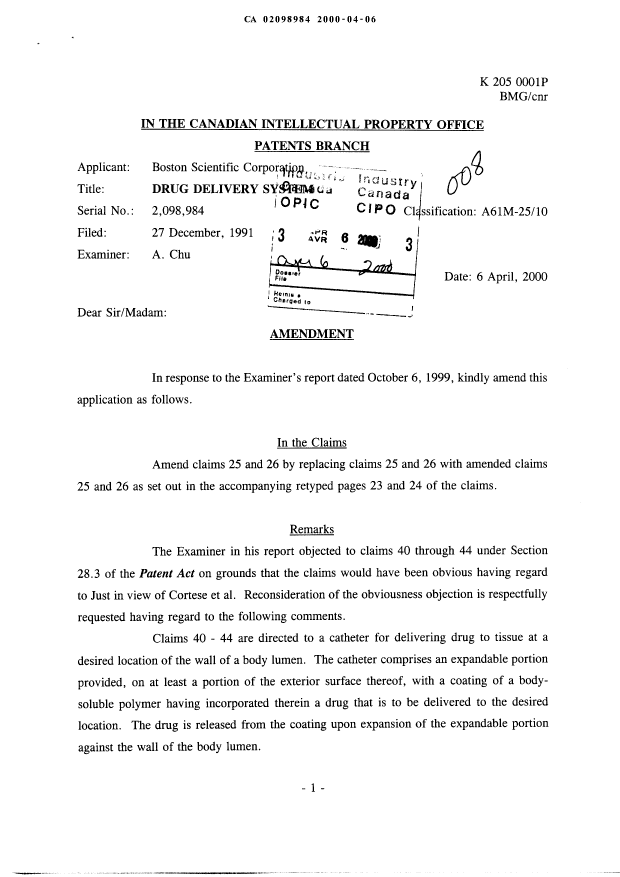 Canadian Patent Document 2098984. Prosecution-Amendment 20000406. Image 1 of 5