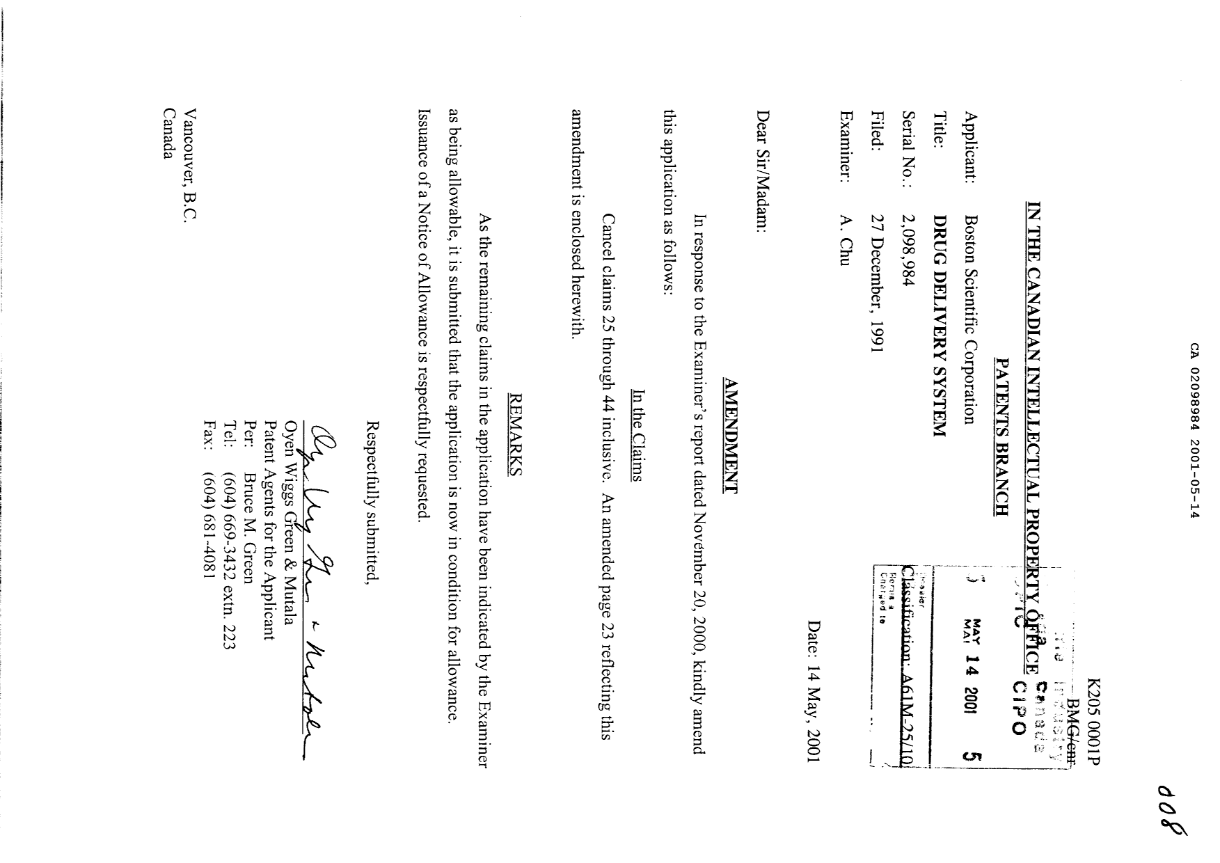 Canadian Patent Document 2098984. Prosecution-Amendment 20010514. Image 1 of 2