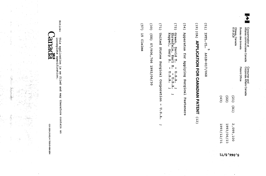 Document de brevet canadien 2099100. Page couverture 19940313. Image 1 de 1