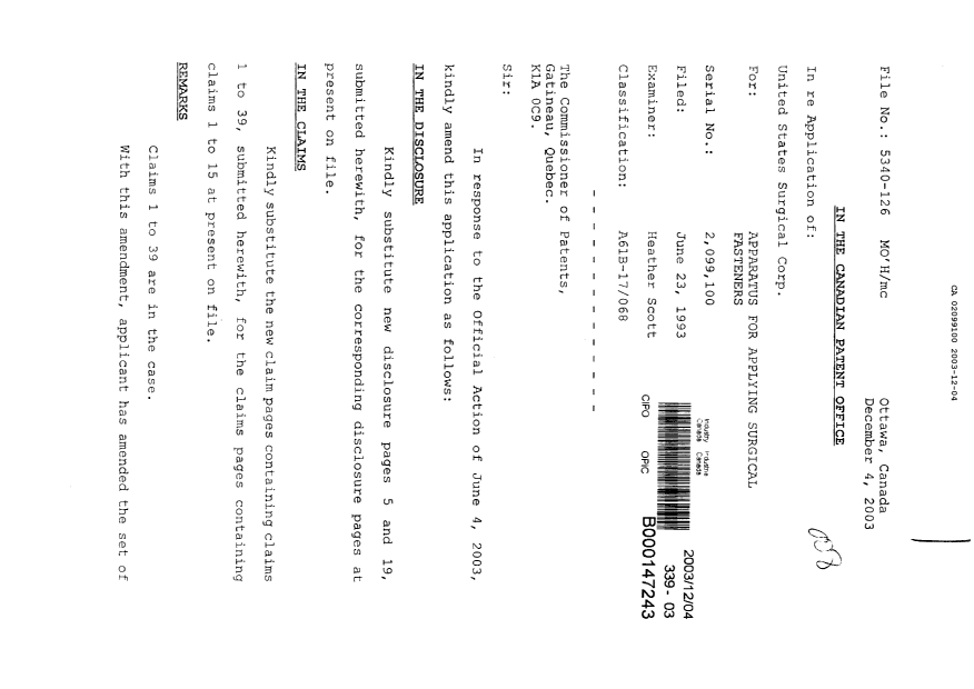 Document de brevet canadien 2099100. Poursuite-Amendment 20031204. Image 1 de 15