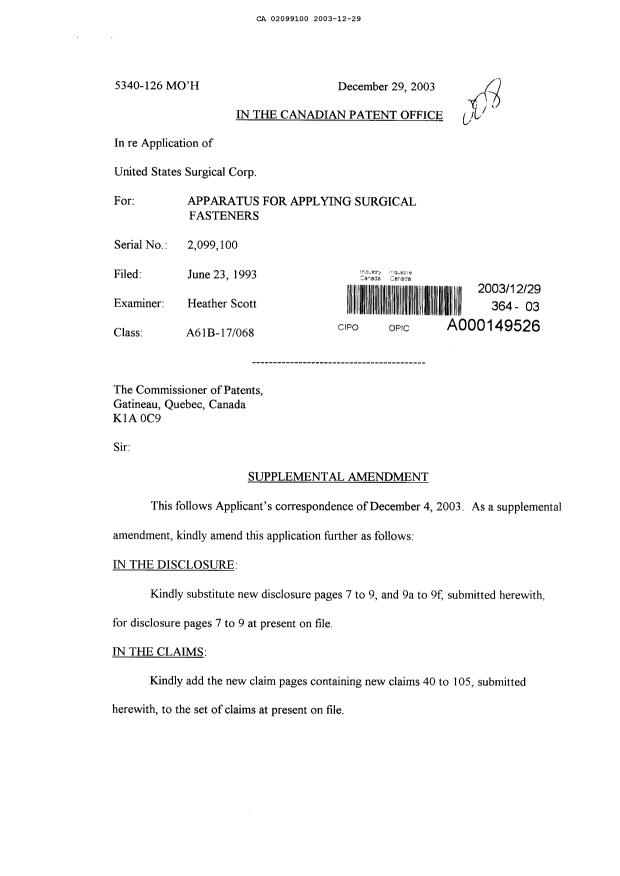 Canadian Patent Document 2099100. Prosecution-Amendment 20031229. Image 1 of 49