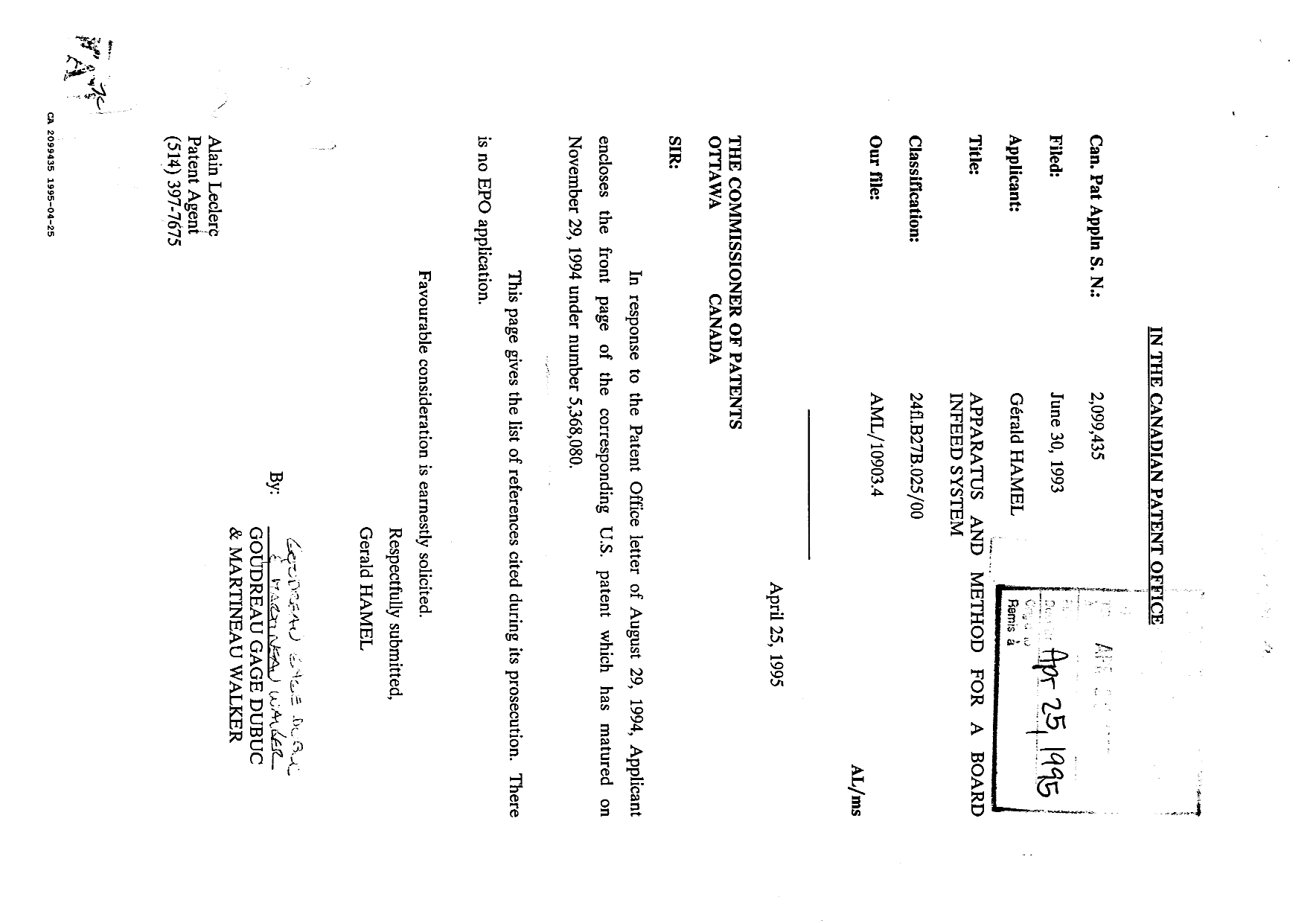 Canadian Patent Document 2099435. Prosecution Correspondence 19950425. Image 1 of 1