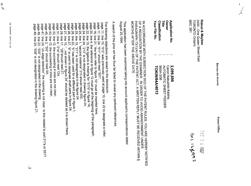 Document de brevet canadien 2099696. Demande d'examen 19971216. Image 1 de 2