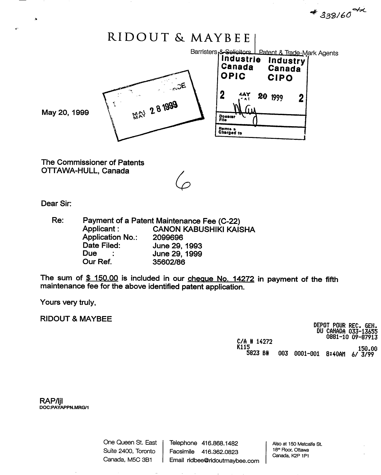 Document de brevet canadien 2099696. Taxes 19990520. Image 1 de 1