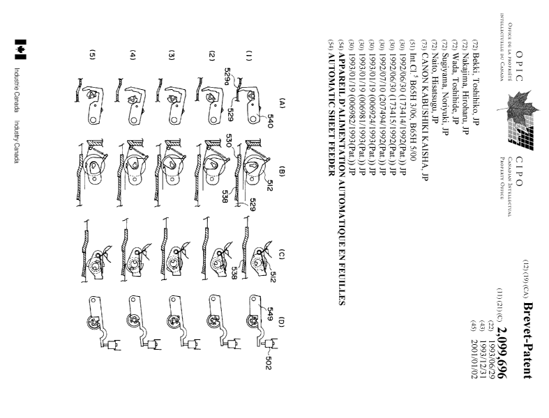 Document de brevet canadien 2099696. Page couverture 20001206. Image 1 de 2