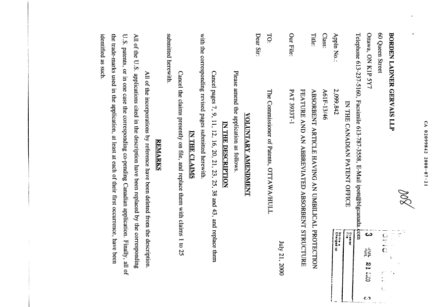 Document de brevet canadien 2099842. Poursuite-Amendment 20000721. Image 1 de 17
