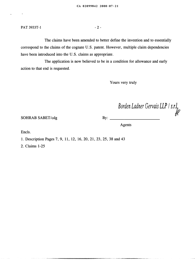 Canadian Patent Document 2099842. Prosecution-Amendment 20000721. Image 2 of 17