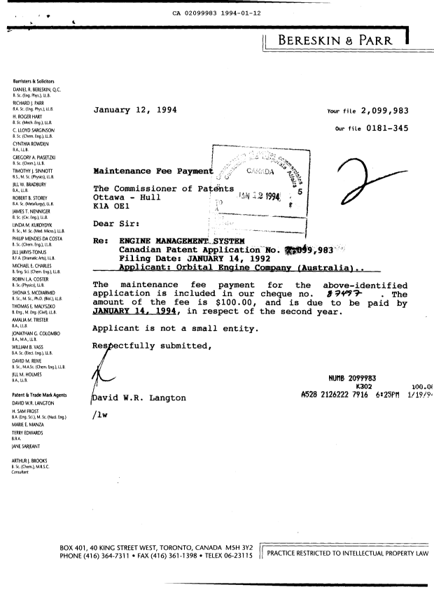 Canadian Patent Document 2099983. Fees 19940112. Image 1 of 1