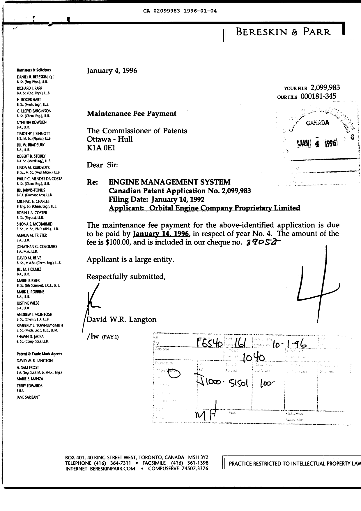 Document de brevet canadien 2099983. Taxes 19960104. Image 1 de 1
