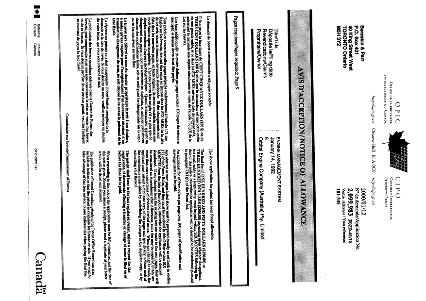 Document de brevet canadien 2099983. Correspondance 20000112. Image 1 de 1