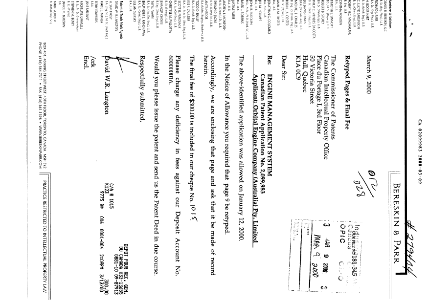 Document de brevet canadien 2099983. Correspondance 20000309. Image 1 de 2