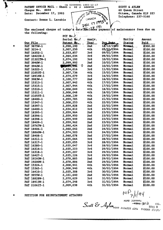 Document de brevet canadien 2099991. Taxes 19931217. Image 1 de 1