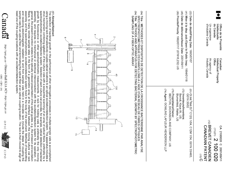 Document de brevet canadien 2100020. Page couverture 20010827. Image 1 de 1