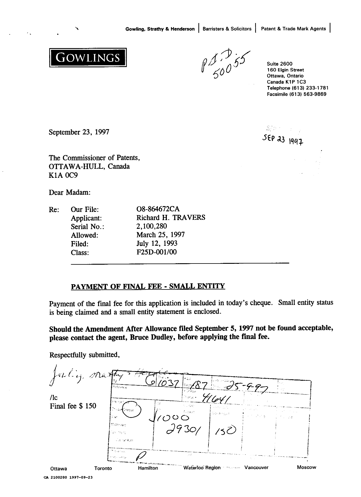 Document de brevet canadien 2100280. Correspondance reliée au PCT 19970923. Image 1 de 2