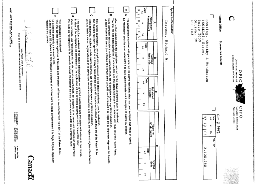 Document de brevet canadien 2100280. Lettre du bureau 19971008. Image 1 de 1