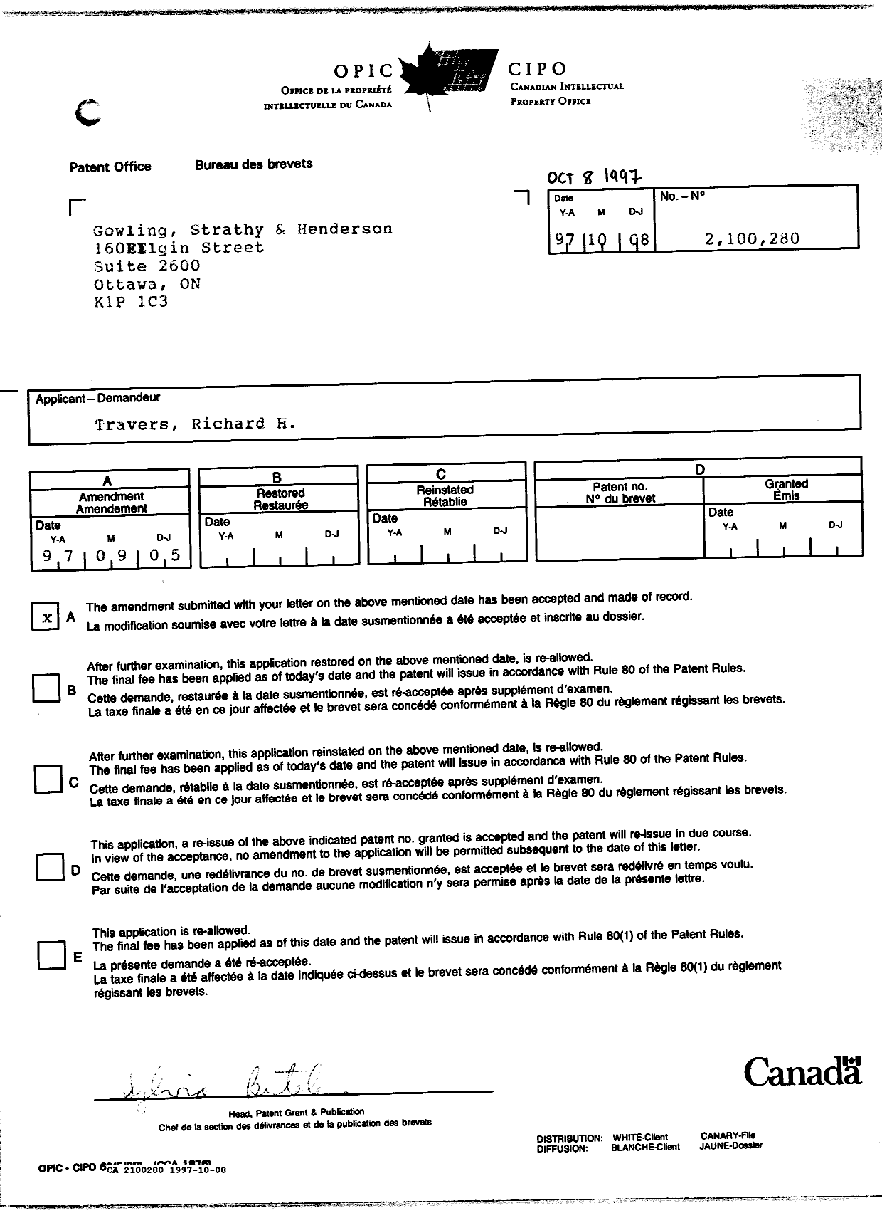 Document de brevet canadien 2100280. Lettre du bureau 19971008. Image 1 de 1