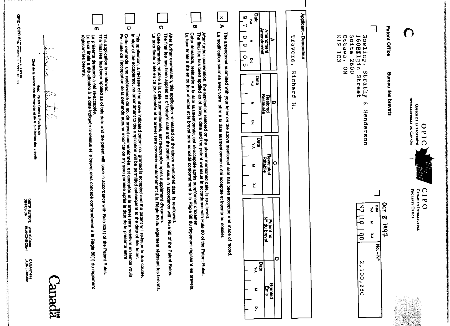 Canadian Patent Document 2100280. Office Letter 19971008. Image 1 of 1