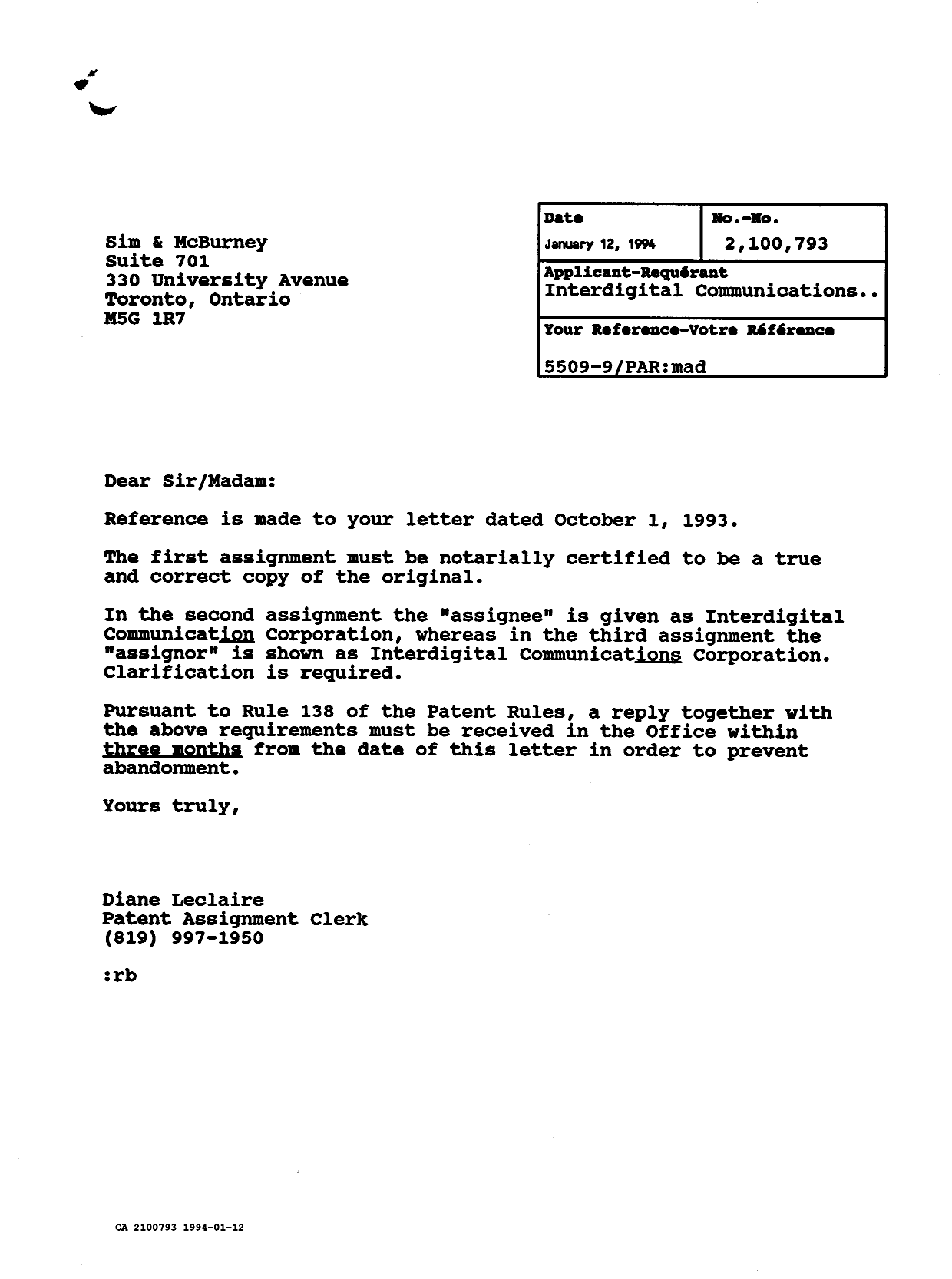 Document de brevet canadien 2100793. Correspondance 19931212. Image 1 de 1