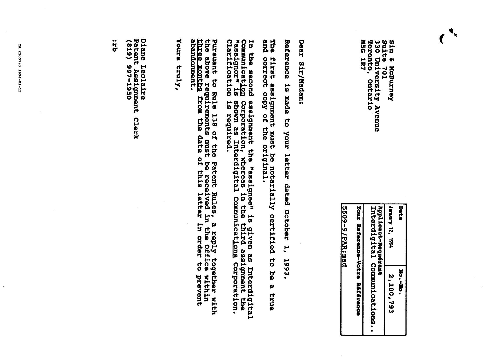 Canadian Patent Document 2100793. Correspondence 19931212. Image 1 of 1
