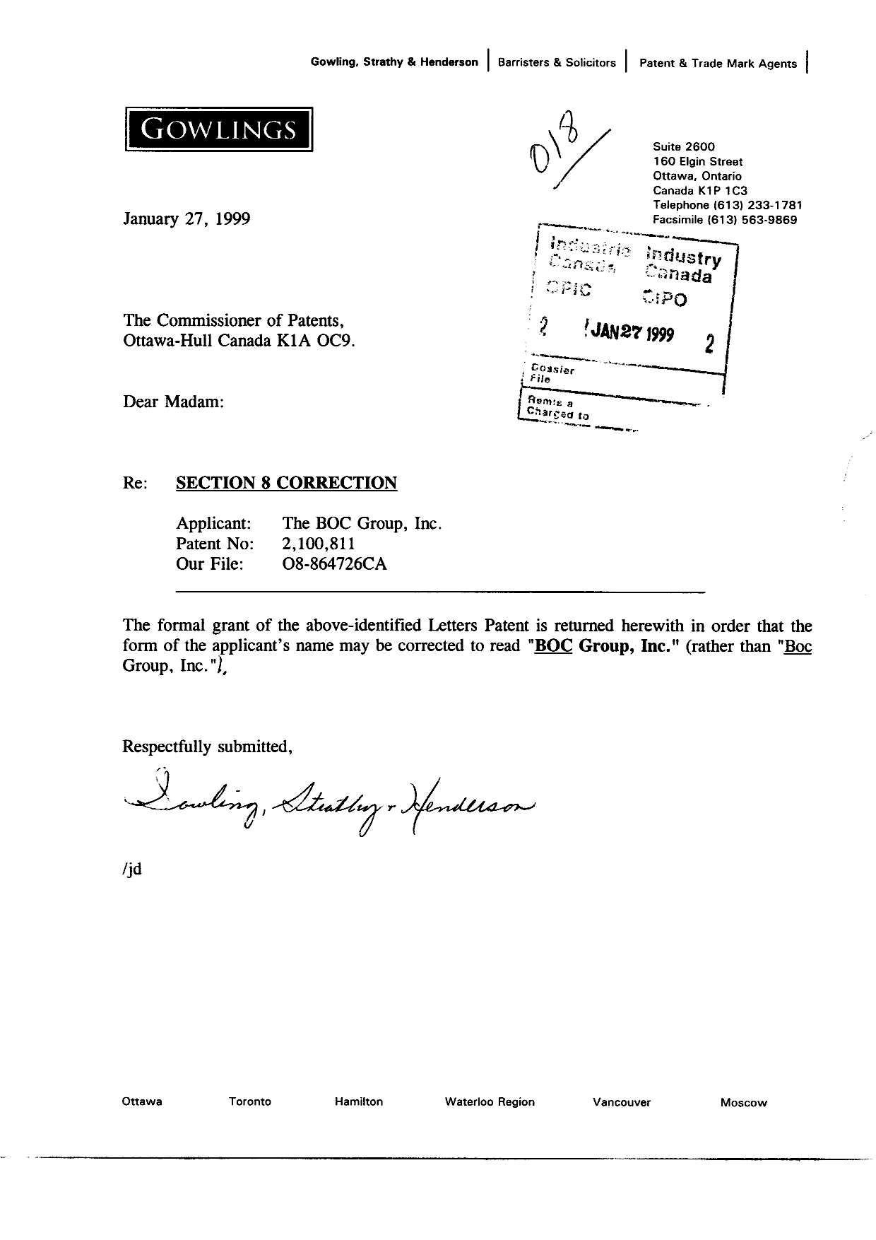 Document de brevet canadien 2100811. Correspondance 19990127. Image 1 de 1