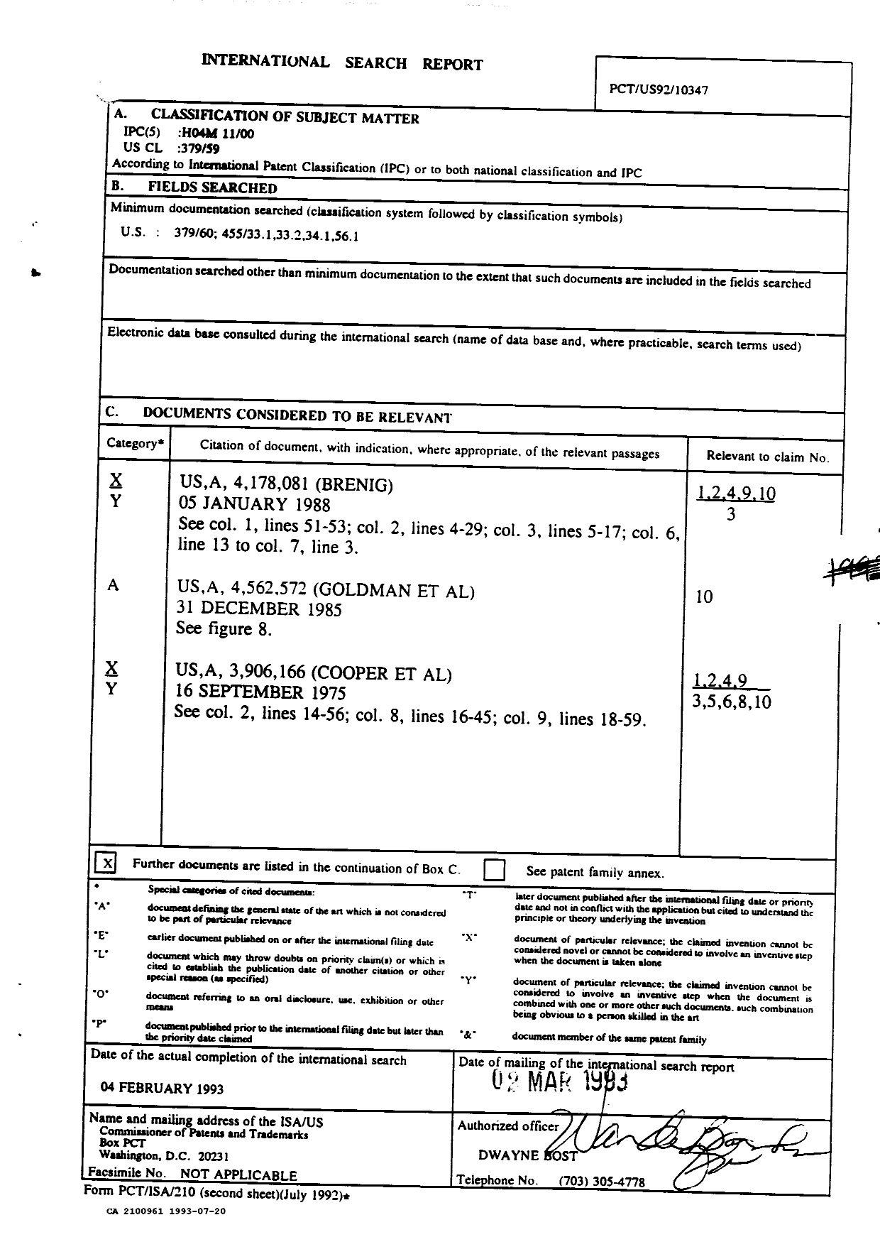 Canadian Patent Document 2100961. International Preliminary Examination Report 19930720. Image 1 of 2