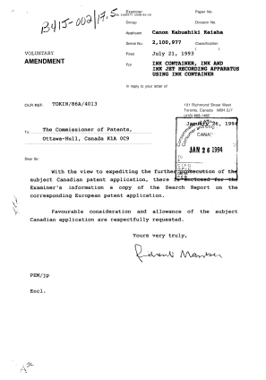 Document de brevet canadien 2100977. Correspondance de la poursuite 19940126. Image 1 de 3