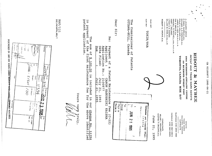 Document de brevet canadien 2100977. Taxes 19950621. Image 1 de 1
