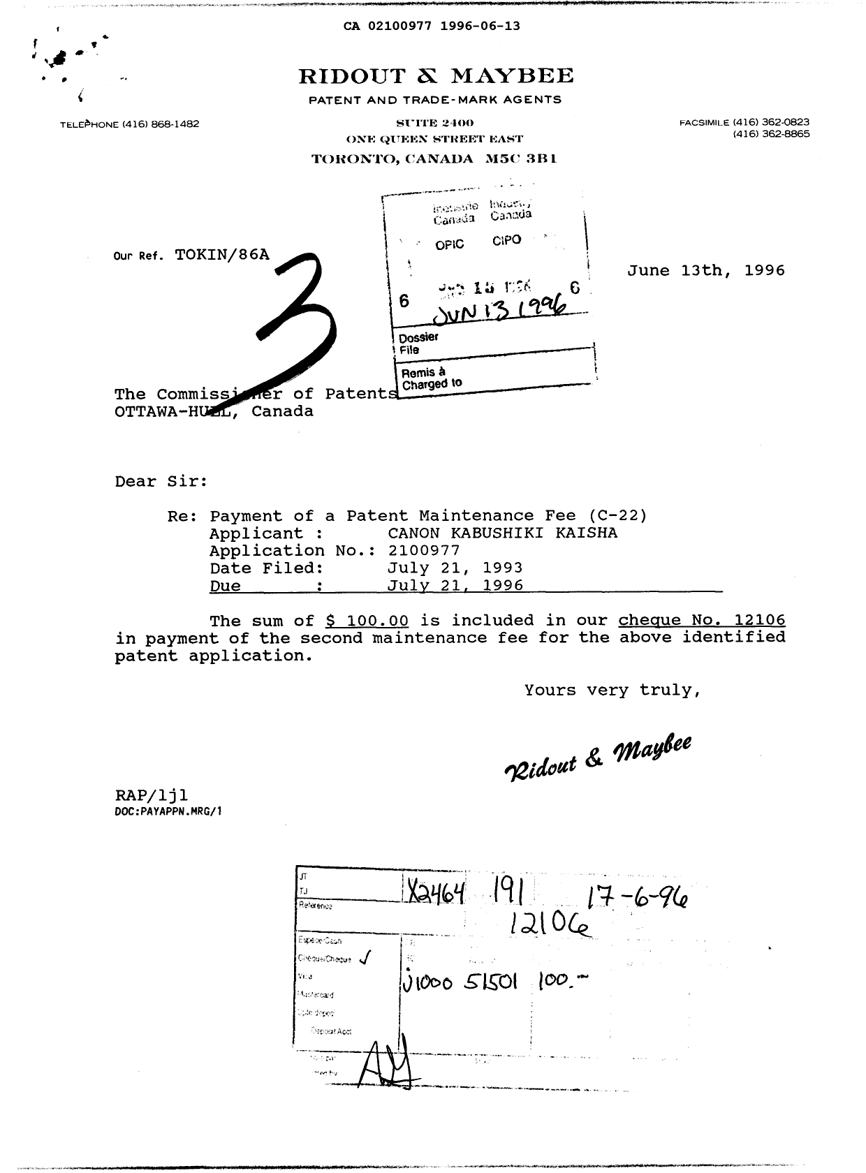 Document de brevet canadien 2100977. Taxes 19960613. Image 1 de 1