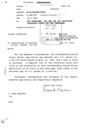 Document de brevet canadien 2100977. Correspondance de la poursuite 19960717. Image 1 de 1