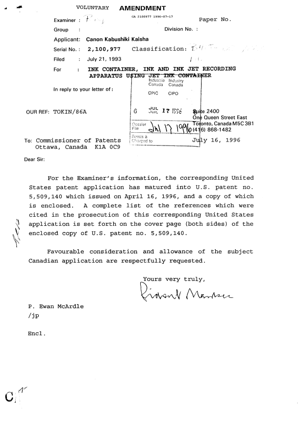 Canadian Patent Document 2100977. Prosecution Correspondence 19960717. Image 1 of 1