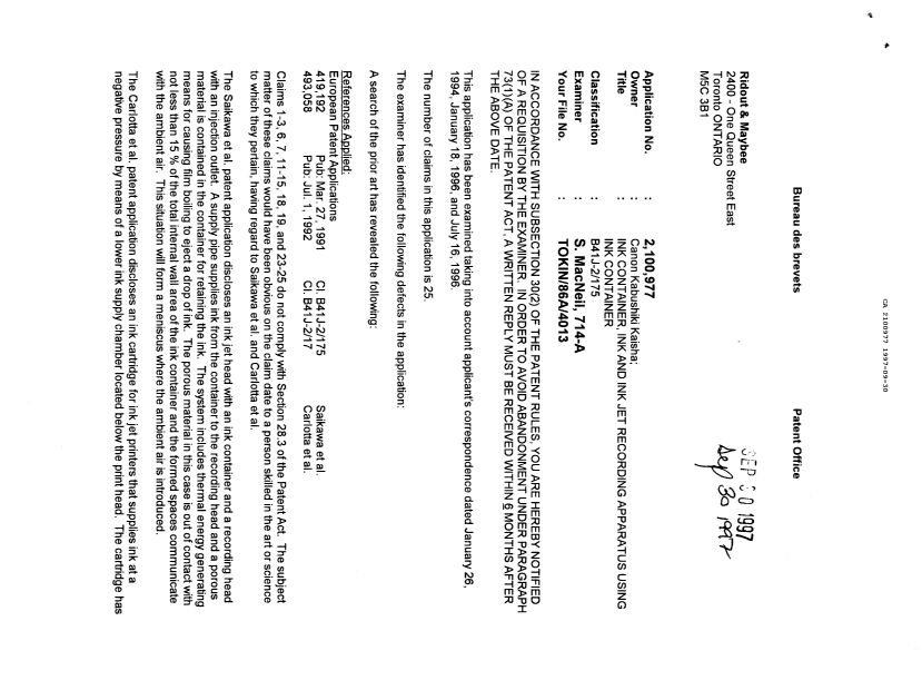 Document de brevet canadien 2100977. Demande d'examen 19970930. Image 1 de 2