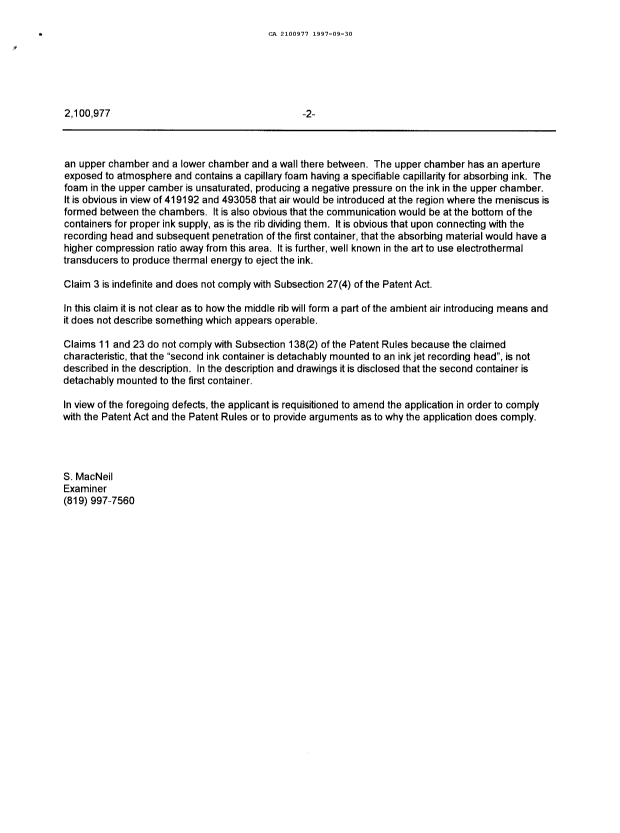 Document de brevet canadien 2100977. Demande d'examen 19970930. Image 2 de 2