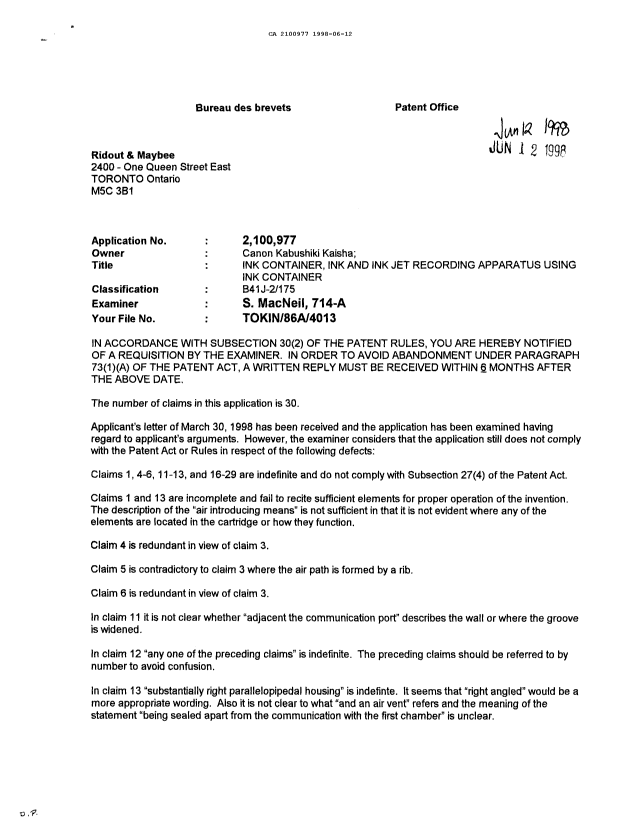 Canadian Patent Document 2100977. Examiner Requisition 19980612. Image 1 of 2