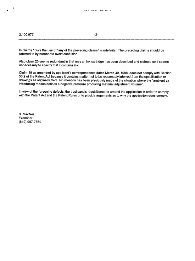 Document de brevet canadien 2100977. Demande d'examen 19980612. Image 2 de 2