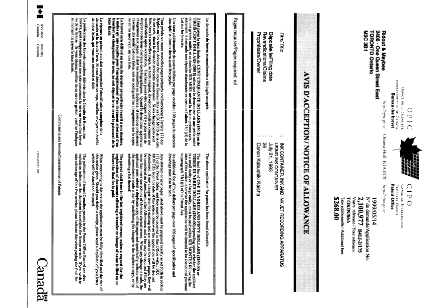 Document de brevet canadien 2100977. Correspondance 19990514. Image 1 de 1