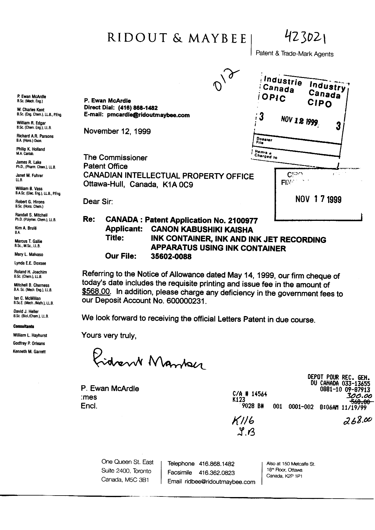 Document de brevet canadien 2100977. Correspondance 19991112. Image 1 de 1