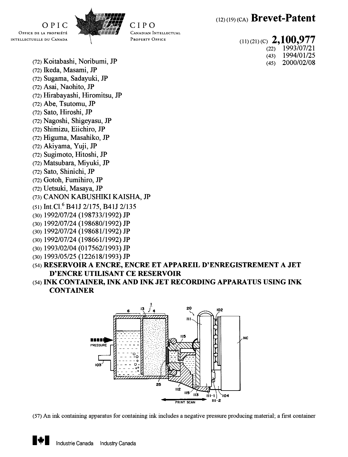 Document de brevet canadien 2100977. Page couverture 20000120. Image 1 de 2