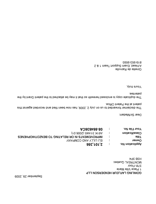 Document de brevet canadien 2101356. Correspondance 20081229. Image 1 de 1
