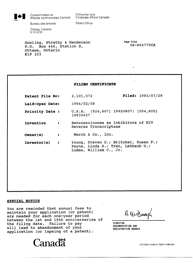 Canadian Patent Document 2101572. Assignment 19930729. Image 8 of 8