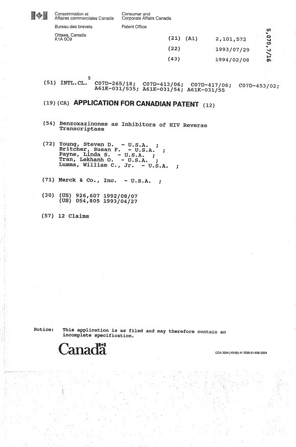 Document de brevet canadien 2101572. Page couverture 19940319. Image 1 de 1