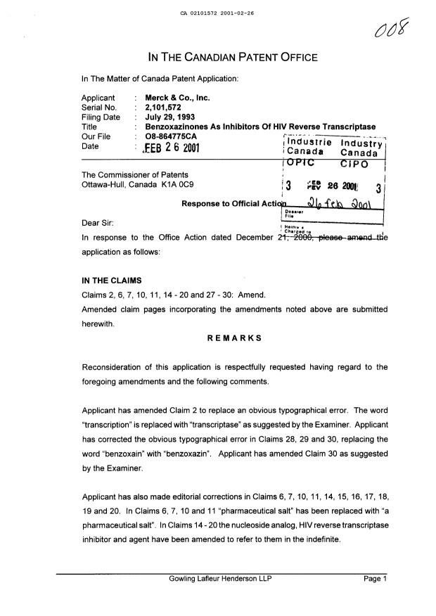 Document de brevet canadien 2101572. Poursuite-Amendment 20010226. Image 1 de 17
