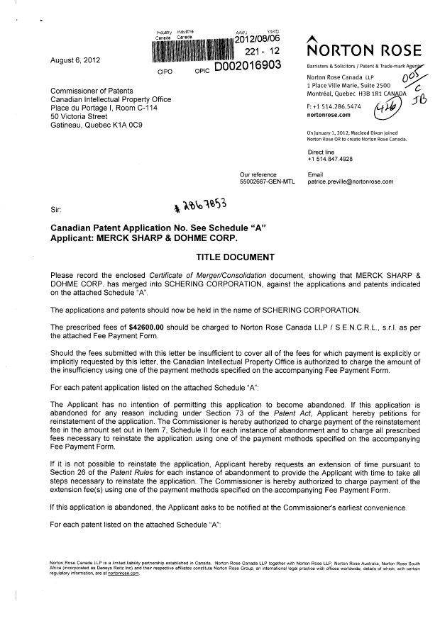 Document de brevet canadien 2101572. Cession 20120806. Image 1 de 29
