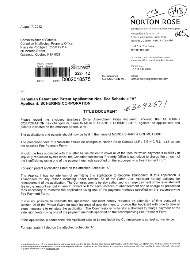 Document de brevet canadien 2101572. Cession 20120807. Image 1 de 48